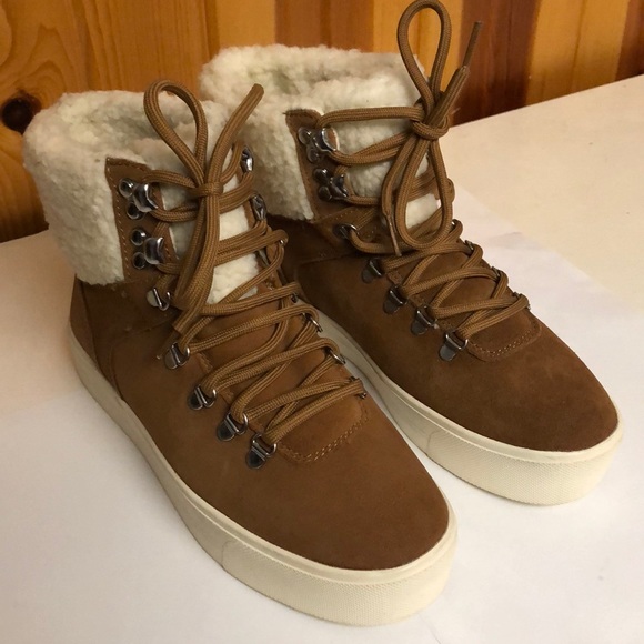 Marc Fisher Shoes - Marc Fisher tan lace up short boots faux fur sz 6